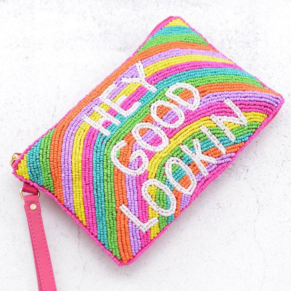 Hey Good Lookin Pink Seed Beaded Wristlet Strap Clutch Handbag NEW